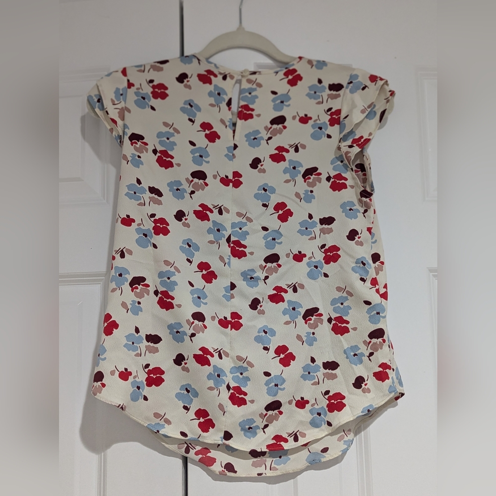 Multi-Color, fluttered-sleeve blouse.
